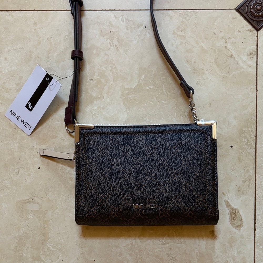 Nine West Dark Brown Crossbody Bag with Silver Accents
